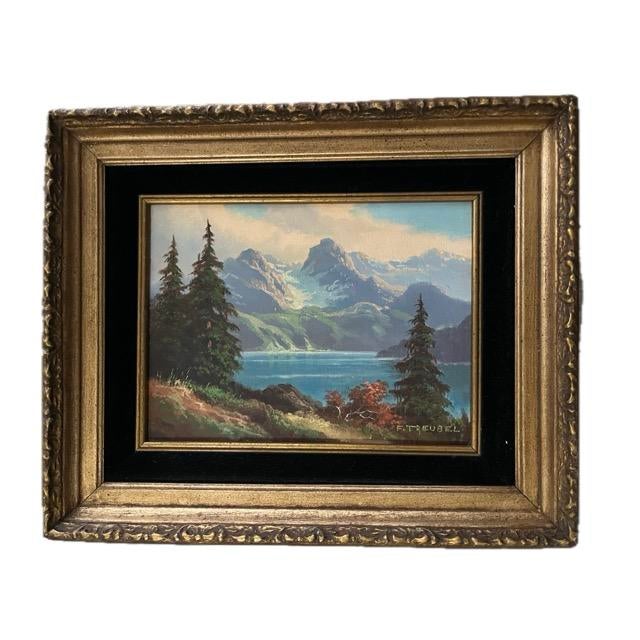 Mid-Century Modern Vintage Mid-Century Alpine Mountain Lake Landscape Oil Painting Signed by Frieda Treubel - Framed For Sale - Image 3 of 5