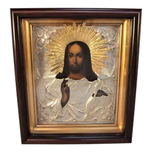 Antique Hand Painted Icon Sterling Silver Encased Frame