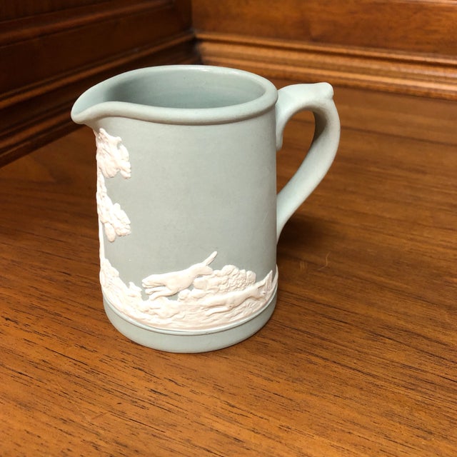 English Jasperware Hunt Scene Pitcher. Green Is Mint to Celadon. Hunting Hounds Dogs With Horses. English. Dudson.