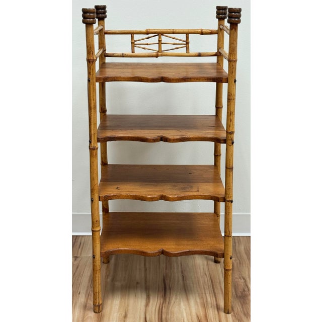 Chinoiserie Vintage Scorched Bamboo Four Tier Bookshelf Etagere For Sale - Image 3 of 10