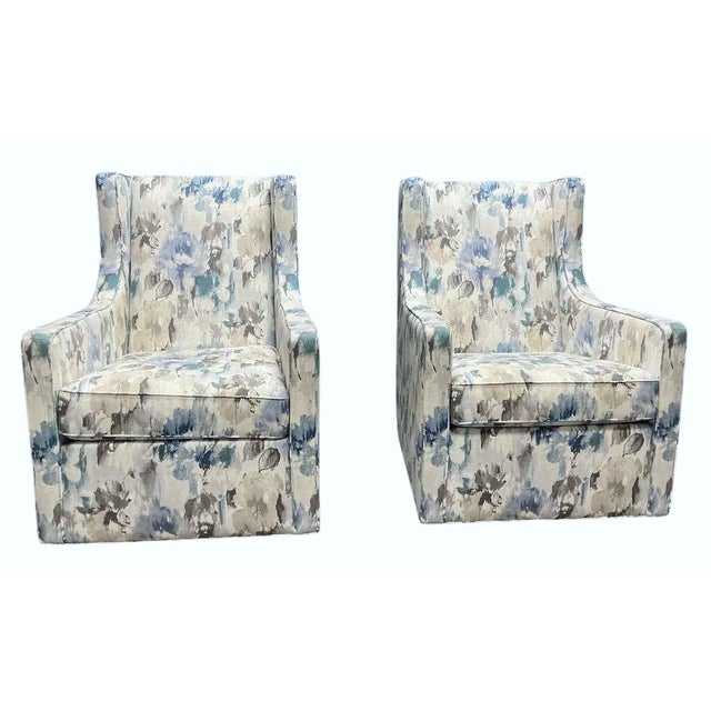 Contemporary Pair of Ethan Allen Custom Floral Swivel Rocker Lounge Chairs in Contemporary Watercolor Upholstery For Sale - Image 3 of 9