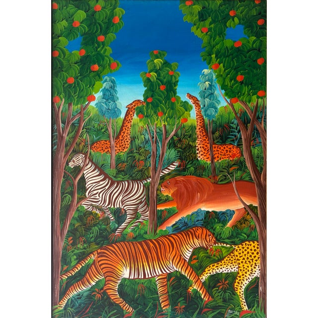 A wonderfully whimsical vintage Haitian folk art painting by Monestime Astrel, depicting a fantastical jungle alive with...