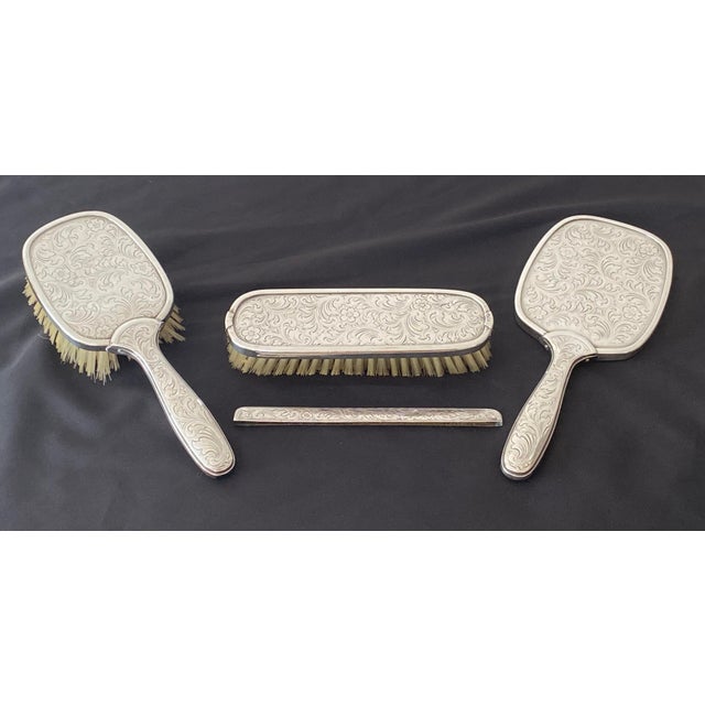 European Silver 835 With Crescent and Crown Hallmark Vanity Set Brush, Mirror, Comb Cover, Clothes Brush - 4 Pieces Mid 20th Century For Sale - Image 11 of 12