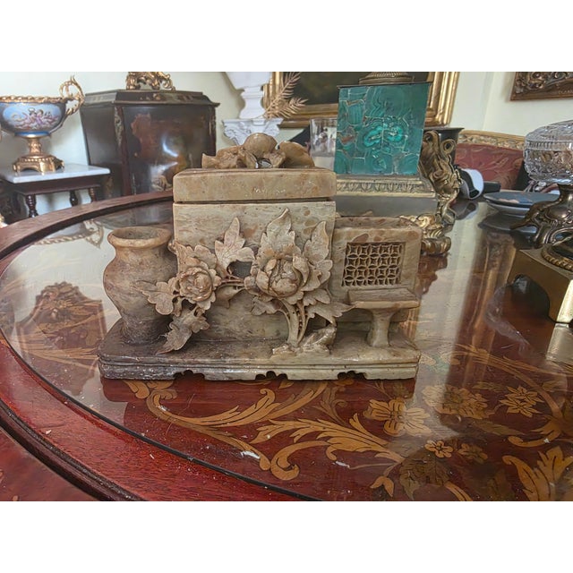 Vintage Hand-Carved Asian Soapstone Scholar’s Desk Set With Floral Motif For Sale - Image 10 of 12