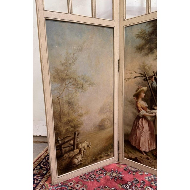 1930s Louis XVI Three-Panel Screen with Romantic and Landscape Decorations, 1930s For Sale - Image 5 of 10