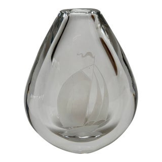 Vintage Orrefors-Engraved Glass Vase, Sailboat For Sale