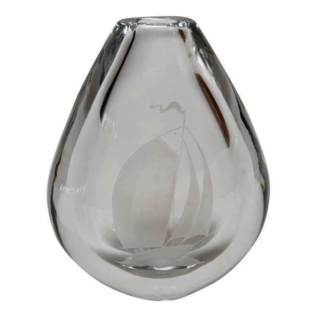 Vintage Orrefors-Engraved Glass Vase, Sailboat For Sale