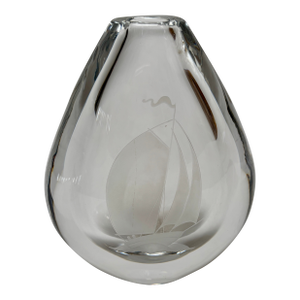 Vintage Orrefors-Engraved Glass Vase, Sailboat
