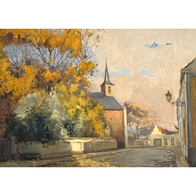 French Country Antique Framed Oil Painting on Canvas by Victor Fermans 'Autumn Village Scene' For Sale - Image 3 of 16