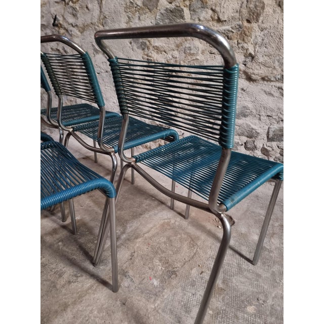 Green 20th Century French Spaghetti Chairs and Ottoman with Chrome Frame, 1960s, Set of 7 For Sale - Image 8 of 18