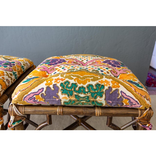 Pair of McGuire Style Chinoiserie Bamboo Stools or Ottomans With Tufted Cushions. For Sale - Image 17 of 18