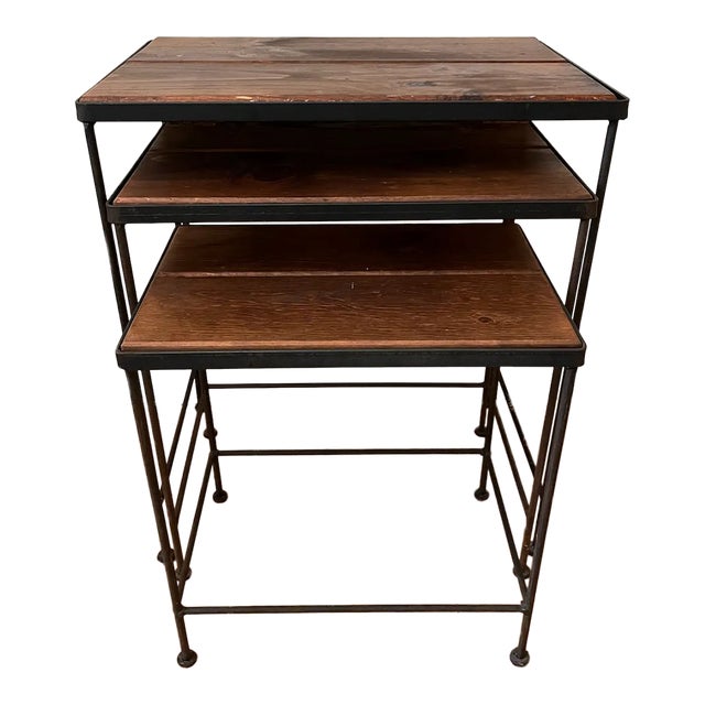 1990s Industrial Wood & Iron Nesting Tables - Set of 3 For Sale