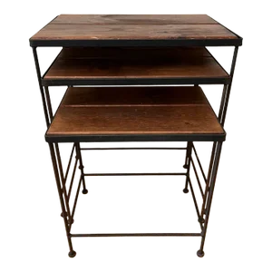 1990s Industrial Wood & Iron Nesting Tables - Set of 3