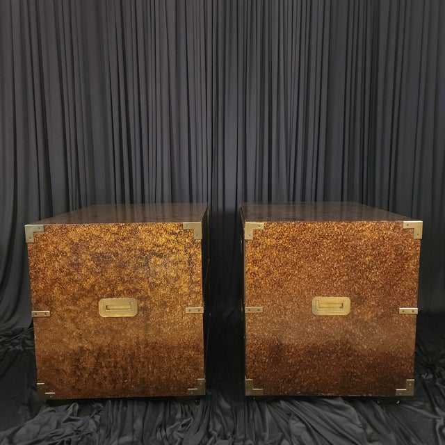 Mid-Century Modern Mid 20th Century Henredon Nightstands - Pair - Campaign-Style Faux Tortoise Shell Finish For Sale - Image 3 of 12