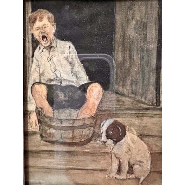 Small original watercolor by W.C. Vincent depicting a charming genre scene of a boy seated in a wash tub on a porch with a...