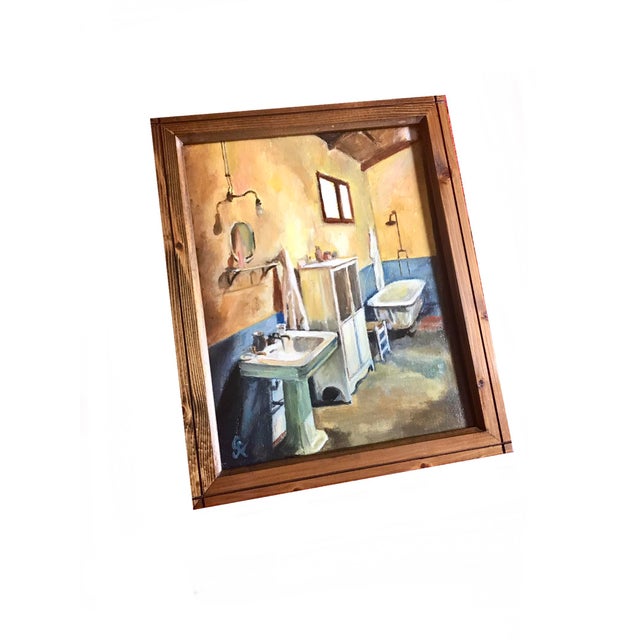 a signed vintage 1990s contemporary art deco style bathroom painting Beautifully rendered interior of a bathroom in a...