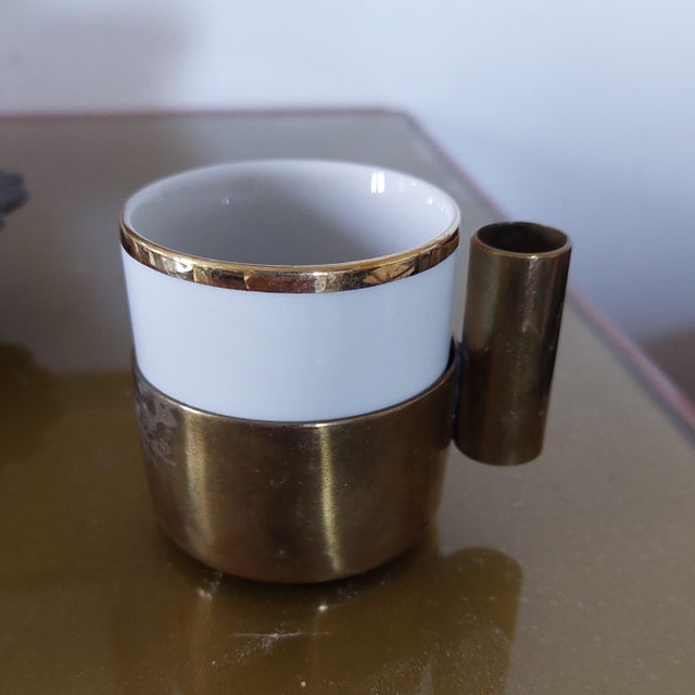 Mid-Century Modern Italian Porcelain and Brass Coffee Cups, 1960s, Set of 6 For Sale - Image 4 of 7