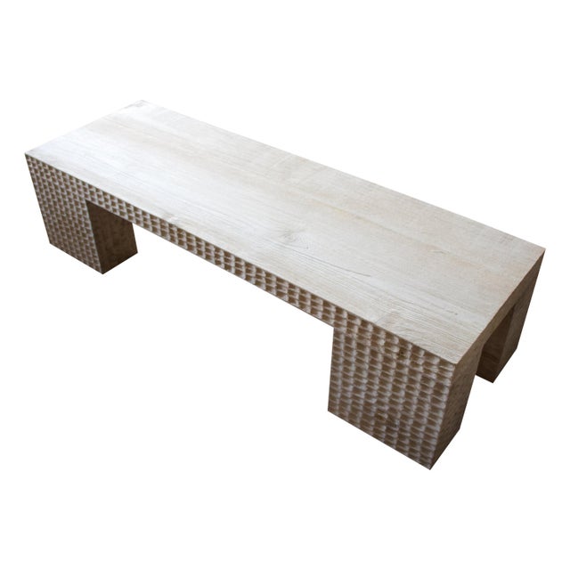 Impressive, three inch thick top coffee table produced from reclaimed teak. Shown with a hand carved waffled style...