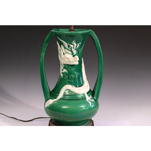 Green Antique Awaji Pottery Dragon Arts and Crafts Green Lamp For Sale - Image 8 of 9
