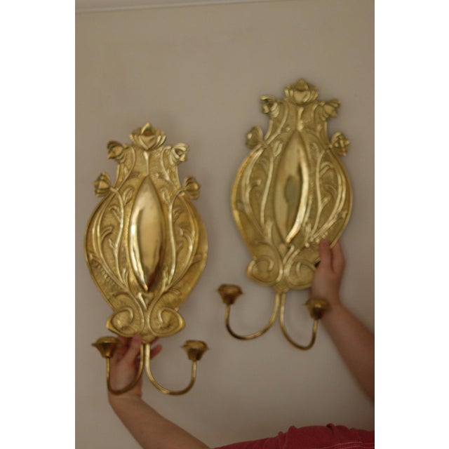 Swedish Art Nouveau Style Brass Double Arm Sconces, Set of 2 For Sale - Image 5 of 17