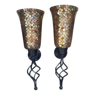 Vintage Metal and Amber Color Mosaic Glass Candle Wall Sconces- a Pair For Sale