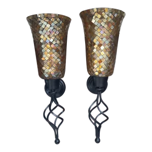 Vintage Metal and Amber Color Mosaic Glass Candle Wall Sconces- a Pair