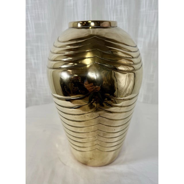Late 20th Century Vintage Art Deco Style Embossed Polished Brass Vase For Sale - Image 5 of 8