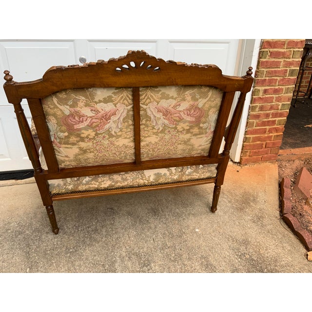Wood Vintage Bench With Tapestry For Sale - Image 7 of 7