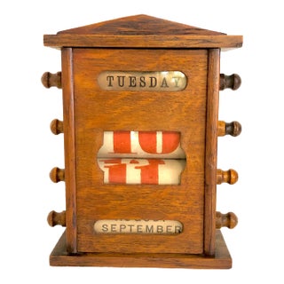 Antique Wooden Scrolling Desk Calendar Keeps Time Perpetually For Sale