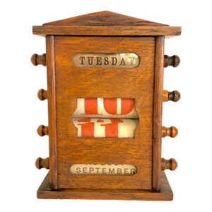 Antique Wooden Scrolling Desk Calendar Keeps Time Perpetually