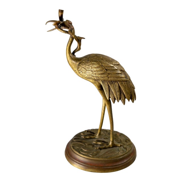 19th Century American Chinoiserie Brass Standing Crane Incense Holder for Mantle For Sale