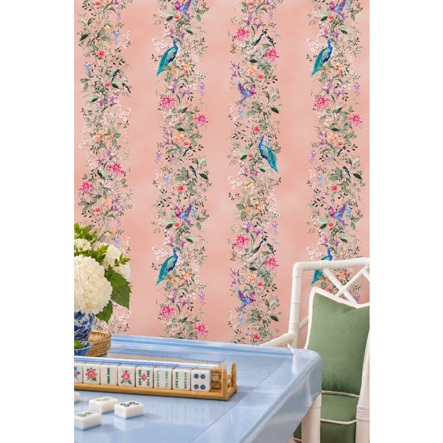 Chinoiserie Mahjong Floral Stripe Grasscloth Wallpaper by House Party | Coral Crack | 8 Yards For Sale - Image 3 of 9