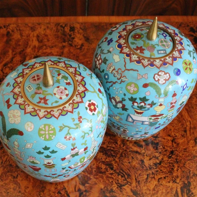 Pair Chinese Export Turquoise Cloisonneé Lidded Jars For Sale - Image 12 of 14