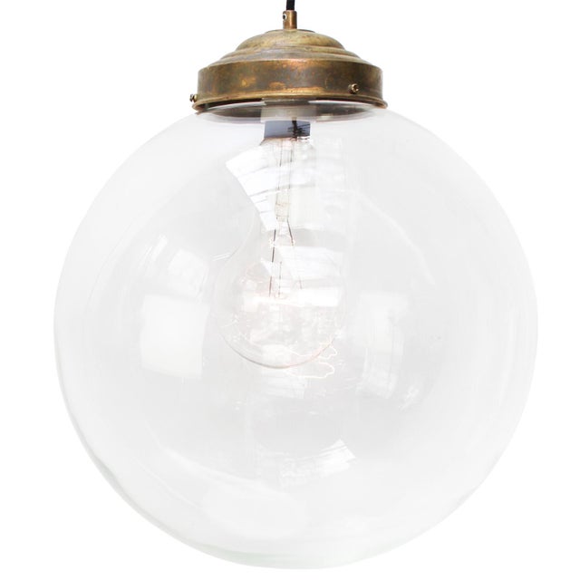 Metal Large Vintage Clear Glass and Brass Globe Pendant Light For Sale - Image 7 of 7