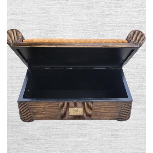 Vintage Wicker Brown Pencil Reed Tan Wicker Storage Flip Top Bench For Sale In West Palm - Image 6 of 10