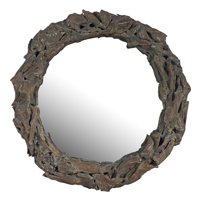 Rustic Coastal Driftwood Rondelle Wall Mirror For Sale