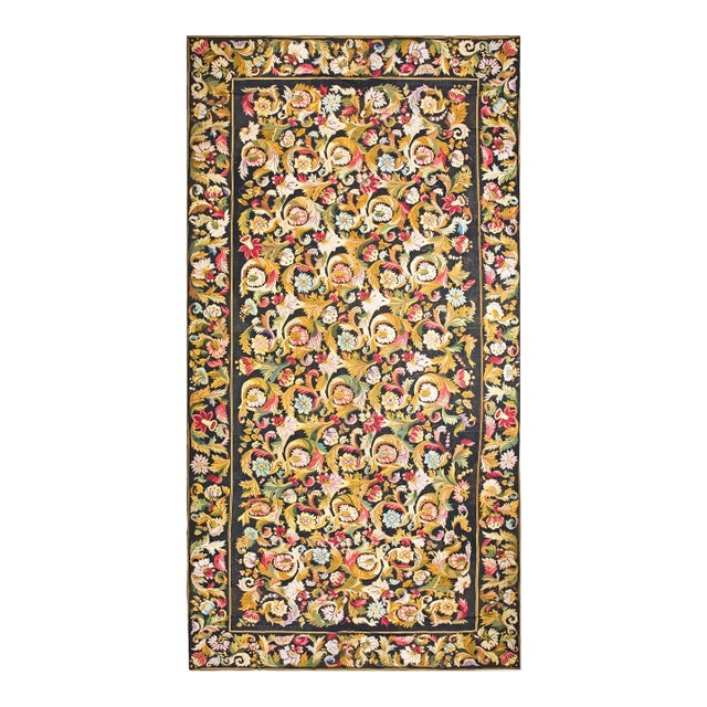 1890s Black Floral Antique European Needlepoint Rug 10'6" X 24'9" Handknotted Wool Carpet For Sale