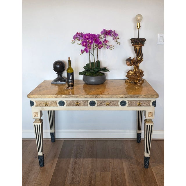Neoclassical Gustavian Style Gilt Bronze Mounted Cream Painted Console Table With Marbelized Faux Marble For Sale - Image 16 of 18