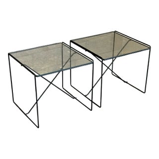 1980s Iron and Glass Modernist Tables Attributed to Max Sauze, a Pair For Sale