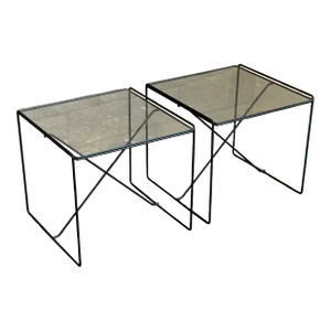 1980s Iron and Glass Modernist Tables Attributed to Max Sauze, a Pair