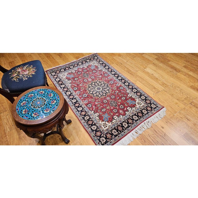 Vintage Persian Tabriz Area Rug, Hand-Knotted Wool & Silk, Floral Pattern, Pomegranate-Red & Navy, 3x5 For Sale - Image 10 of 18