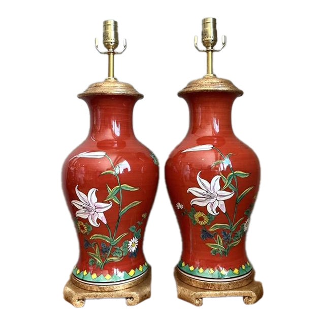 Vintage Hand Painted Glazed Ceramic Lamps - A Pair For Sale