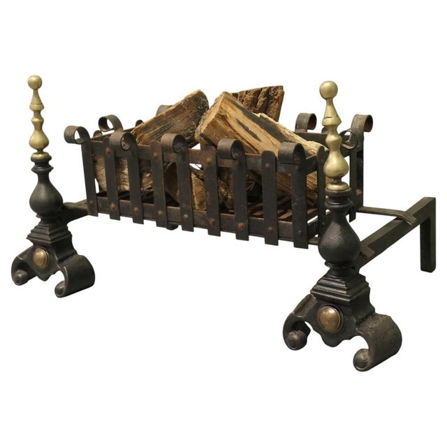 Gold Antique Inglenook Fire Grate on Andirons, 1900 For Sale - Image 8 of 8