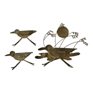 1970s Jere Style Brutalist Brass Copper Walking Birds Reeds Sun Wall Sculptures -Set of 3