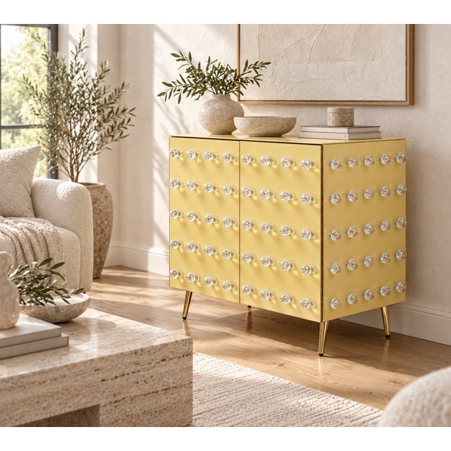 Wood Butter Yellow 90-Sphere Murano Glass Cabinet with Brass Legs from Justfurnituress SRL For Sale - Image 7 of 9