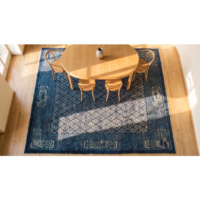 1920s Antique Square Blue Geometric Greek Key Chinese Baotou Wool Pile Rug For Sale - Image 12 of 12