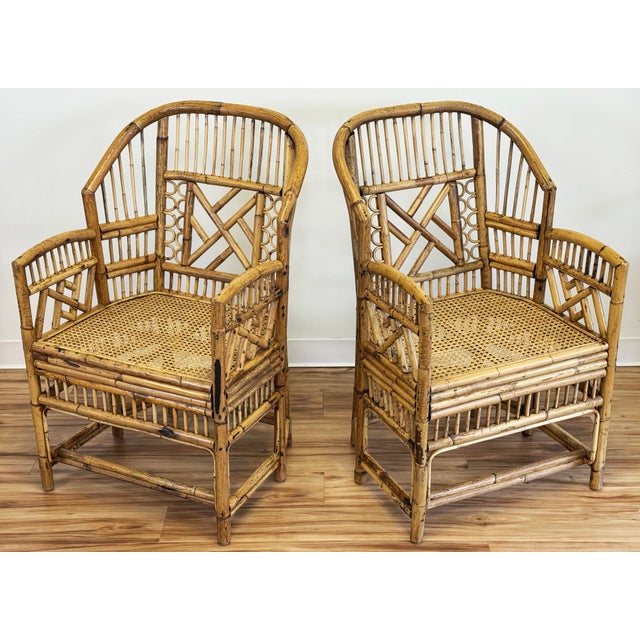 Mid 20th Century Vintage Brighton Pavilion Chippendale Style Rattan Arm Chairs, a Pair For Sale - Image 5 of 11