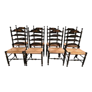 Set of 8 Hitchcock Ladder Back Harvest Rush Bottom Side Chairs, 1980s
