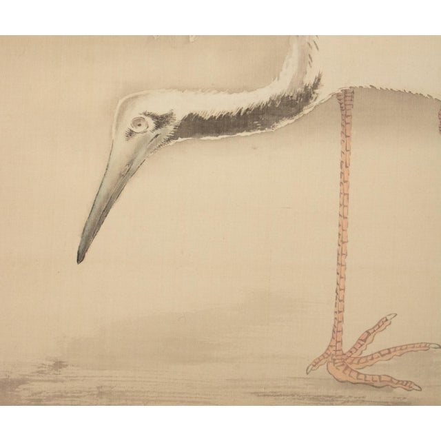 Ecru "Two Cranes and the Sun", Showa Era Japanese Monochrome Silk Scroll Painting For Sale - Image 8 of 18