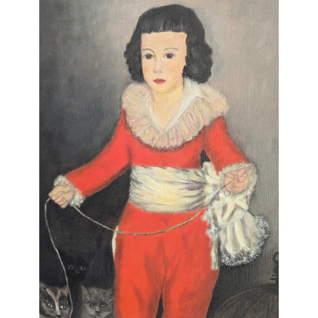 Canvas Oil Painting Rendition of "Red Boy" by Artist Gene Register in Gold and Black Velvet Frame For Sale - Image 4 of 8